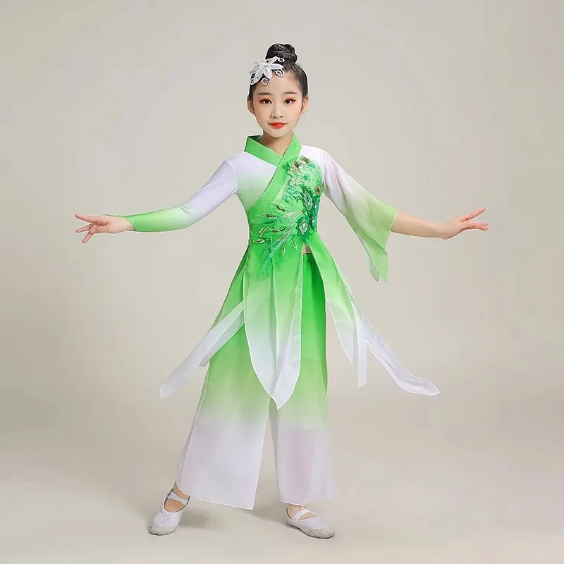 New children's classical dance costume Girl Jasmine Yangko dance green fan umbrella dance national costume elegant