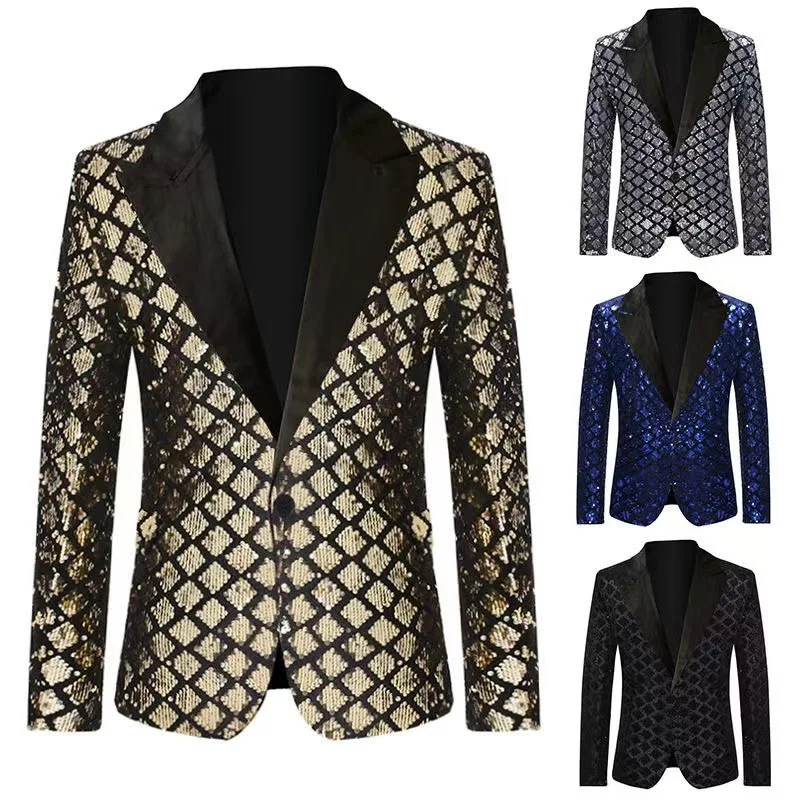 

Foreign Trade European Style Polka Collar Suit for Men's Stage Banquet Hosting Diamond Sequin Formal Dress Suit Jacket