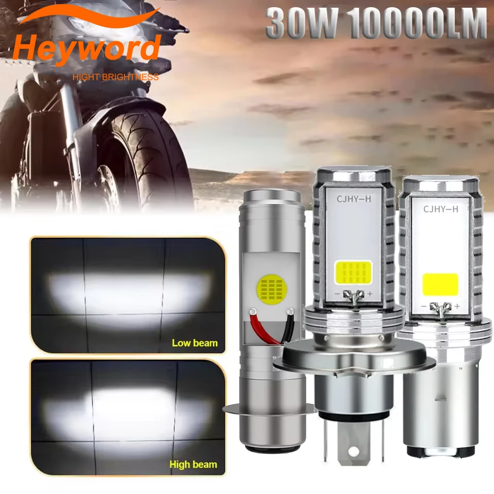 Heyword 1PC LED Motorcycle Headlight Bulb H4 P15D BA20D 30W 2COB 10000LM 6000K Hi/Lo Beam White Plug&Play Motorbike Headlamp
