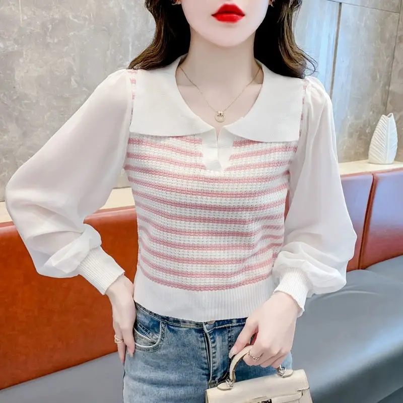 

Милый шифоновый полосатый свитер с длинными рукавами для женщин, осенний новый дизайн, воротник-поло, универсальный топ