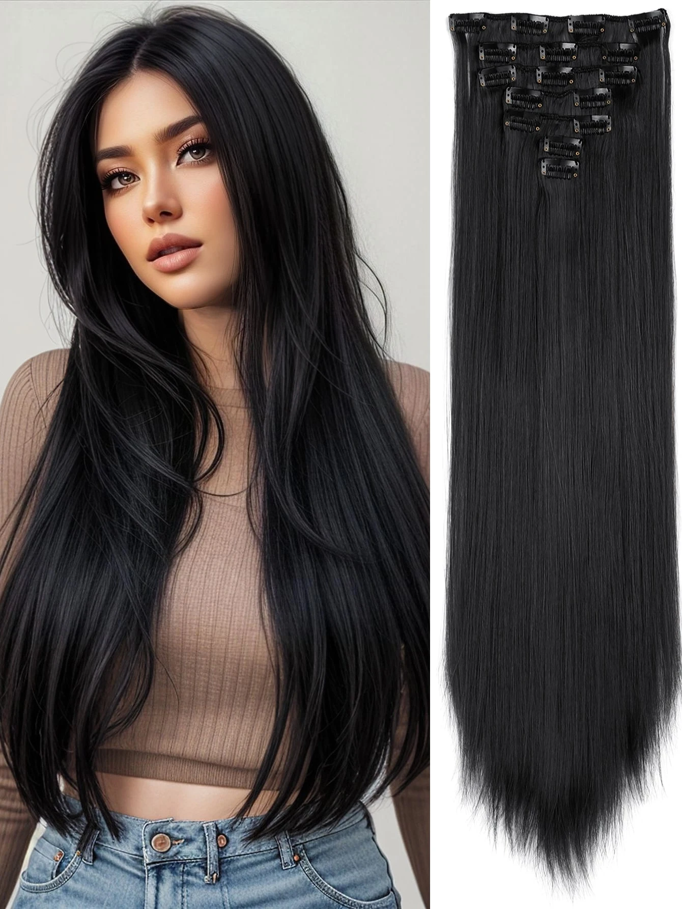 JINKAILI Clip In Hair Extensions Black Color 7 PCS/Set 18~32 Inch Long Straight Hair Extension For Women