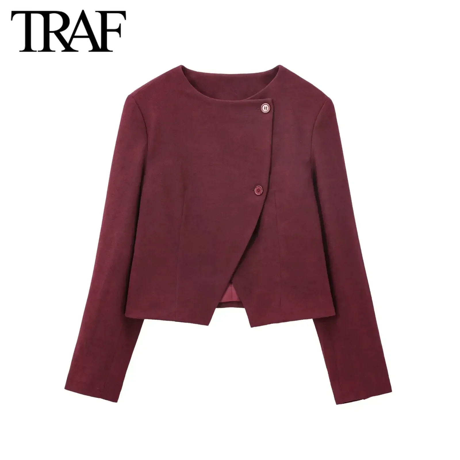 TRAF Women Fashion Autumn New Solid Asymmetric Jacket Long Sleeved Single Breasted Round Neck Short Coats Chic Ladies Tops