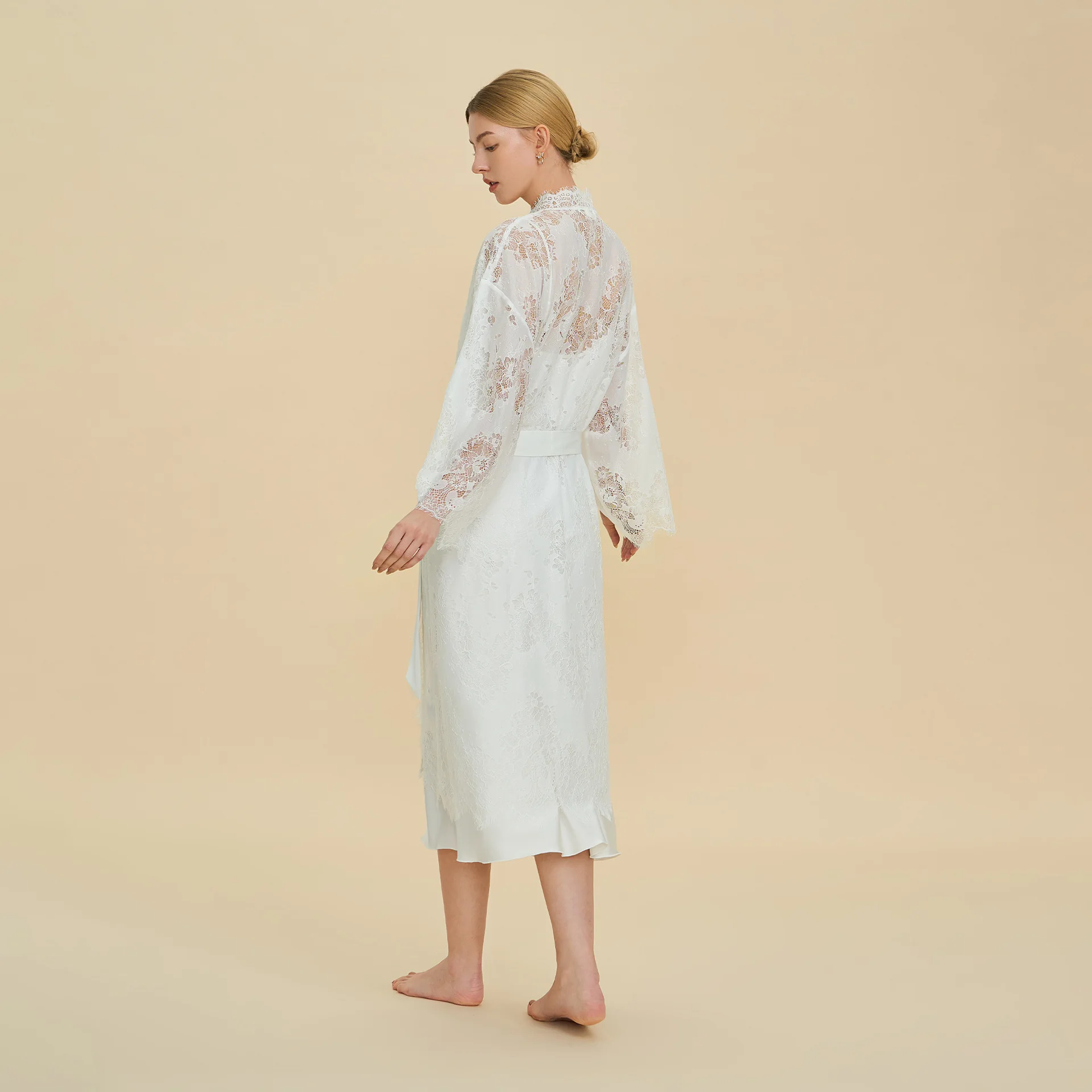 Luxury French Kimono Gown Bride Wedding Dress Robe Suit Sexy Mesh Lace Bathrobe Satin Nightdress Sleepwear Long Nightwear