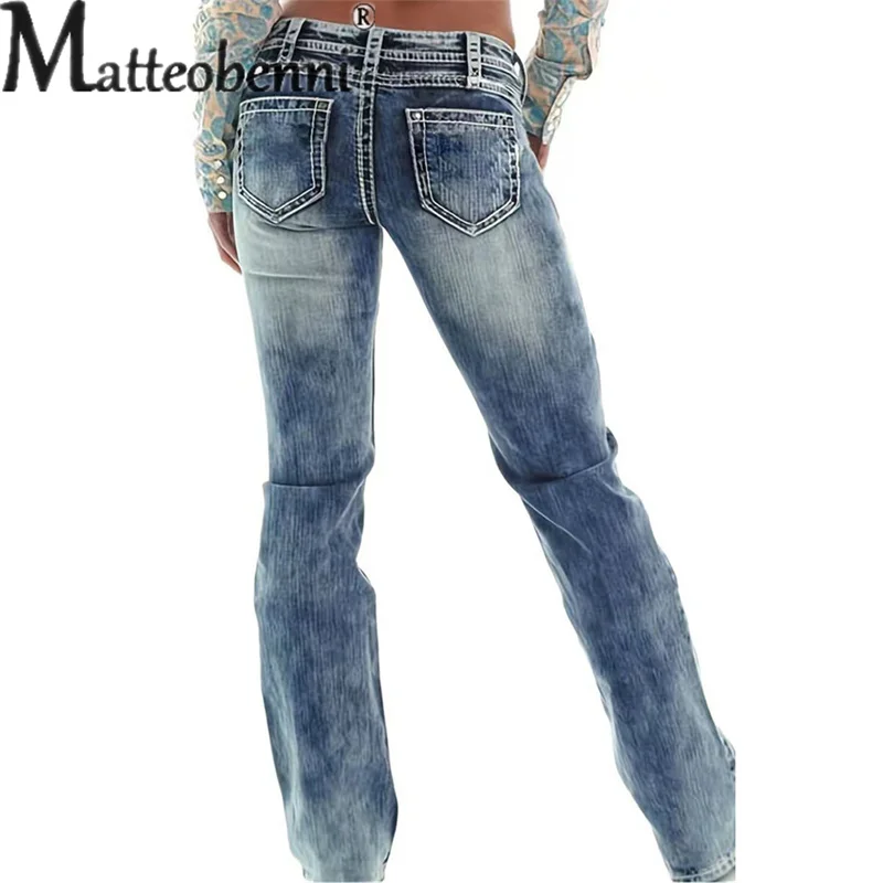 Vintage Rubbed White Denim Pants Women High Waist Double Button Splicing Straight Jeans Ladies Casual Commuter Stretch Trousers