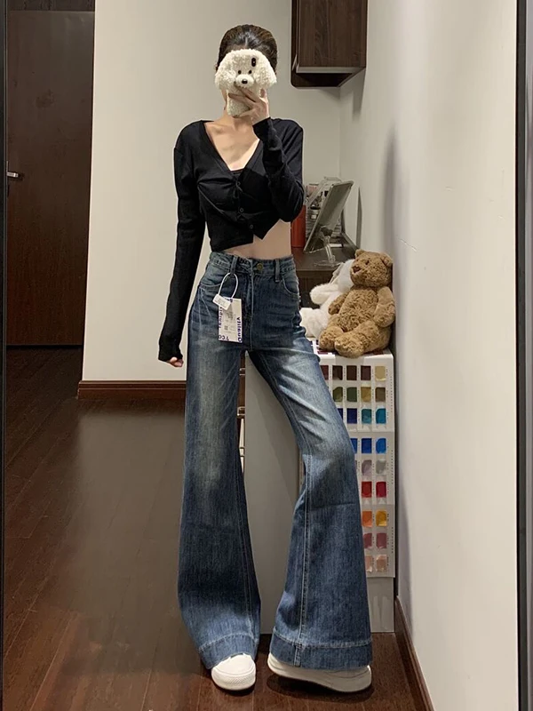 بنطلون جينز نسائي أمريكي بخصر عالٍ وقصة واسعة من الأسفل، موديل جديد لخريف 2025، ساق مستقيمة بطول الأرض