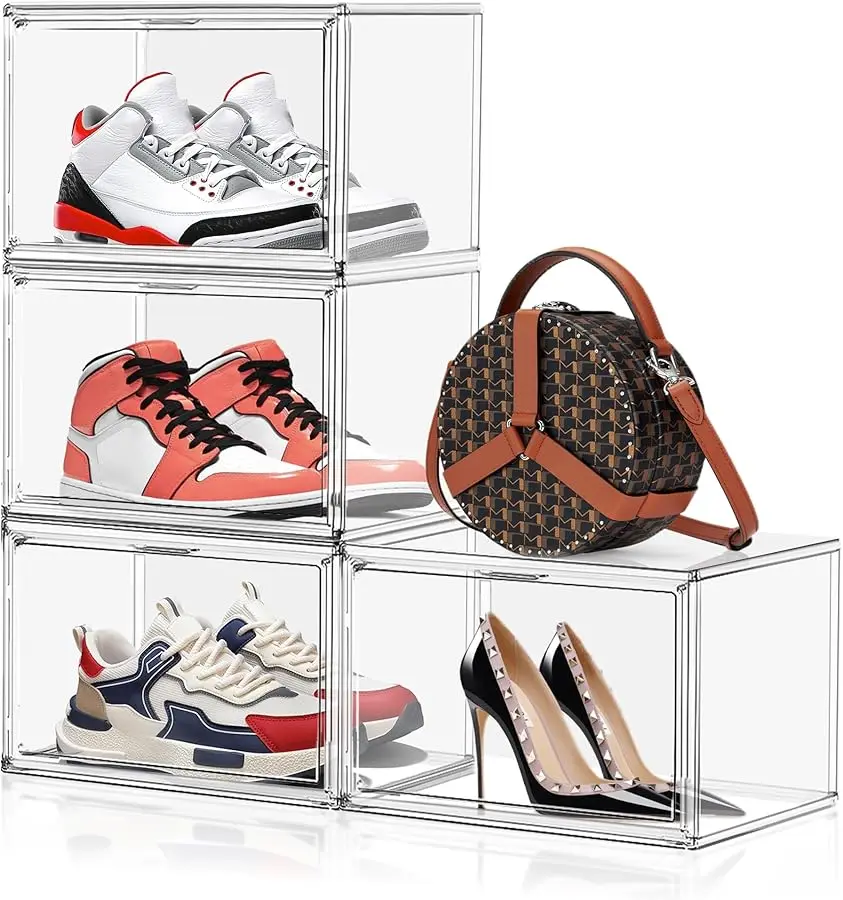 

4 Pack X-Large Shoe Boxes Clear Plastic Stackable Storage Box Size 14 Thicken Sneaker Shoes Containers with Magnetic Door Acryli