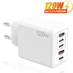 Cargador USB tipo C de carga rápida para teléfono móvil, adaptador de pared con 5 puertos, PD, 120W, para iPhone 15, Samsung, Xiaomi, enchufe europeo y estadounidense