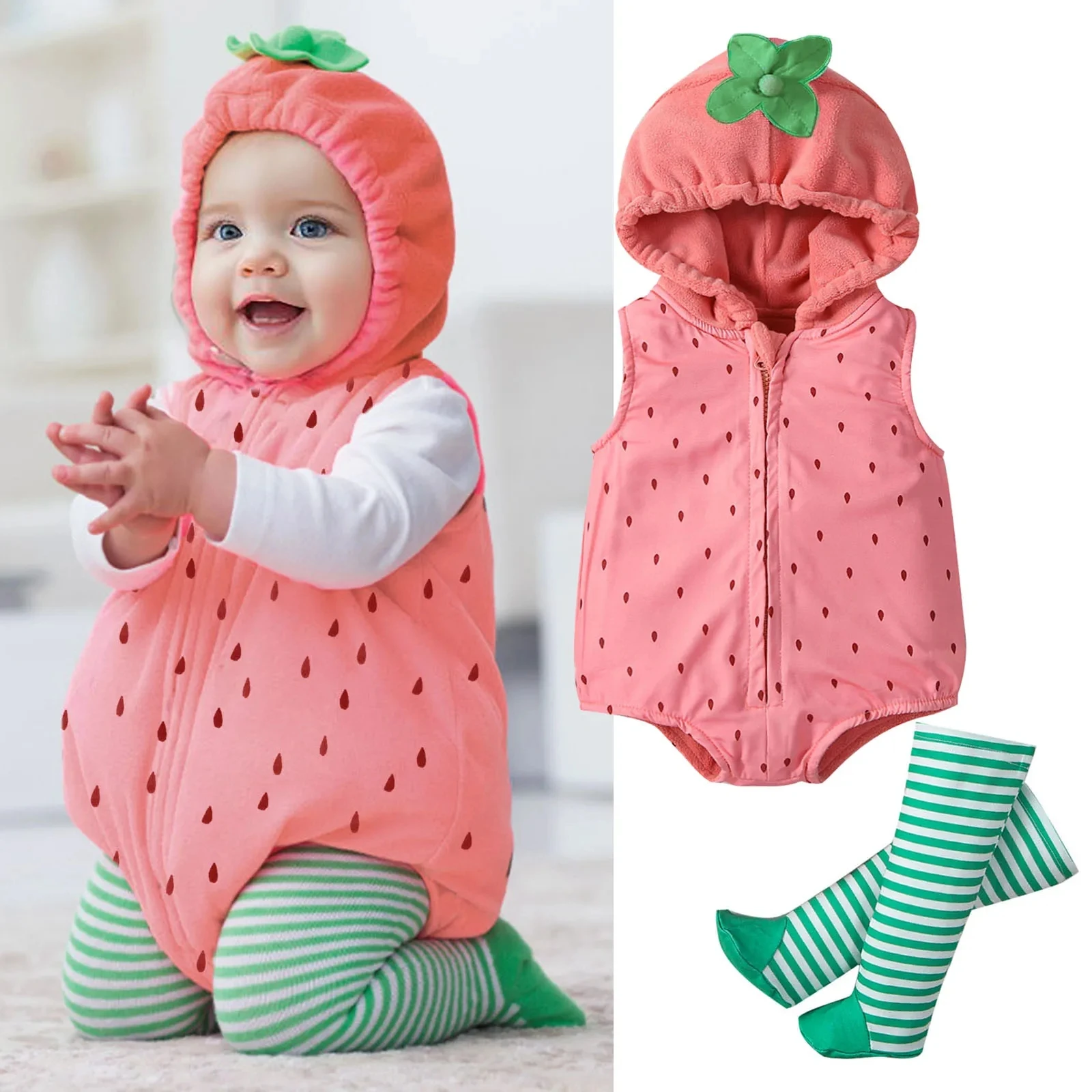 3-24M Strawberry Shaped Baby Romper Set with Zip-up Hood for Girls And Boys Cute Stage Performance Outfit with Striped Stockings