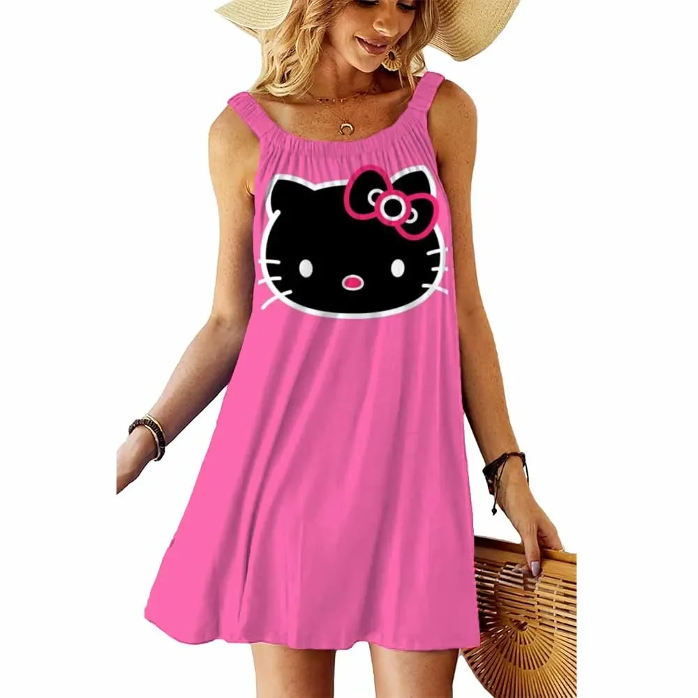 Vestido sexy con estampado de Hello Kitty de verano para mujer, estampado de moda de Hello Kitty, corte informal, sin mangas, cuello redondo, camiseta, vestido de playa