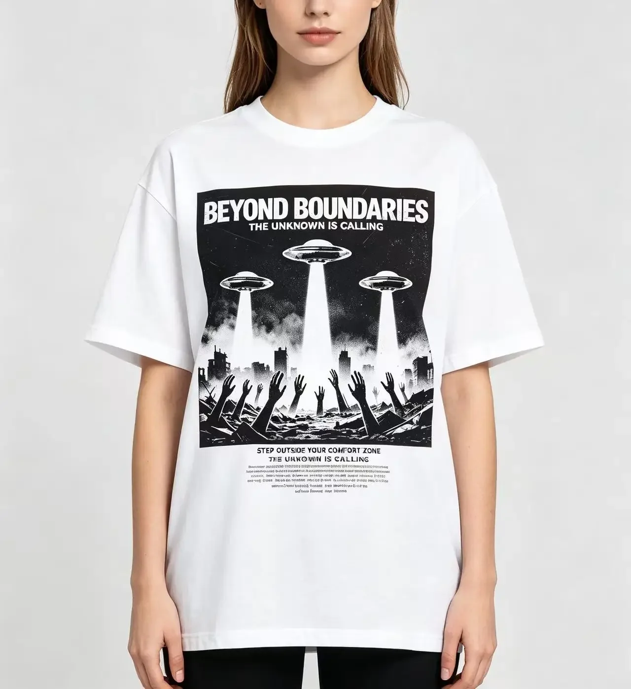 Unisex Beyond Boundaries UFO Alien Graphic T‑Shirt Men Women Vintage Sci‑Fi City Invasion Print Casual Short Sleeve Tee