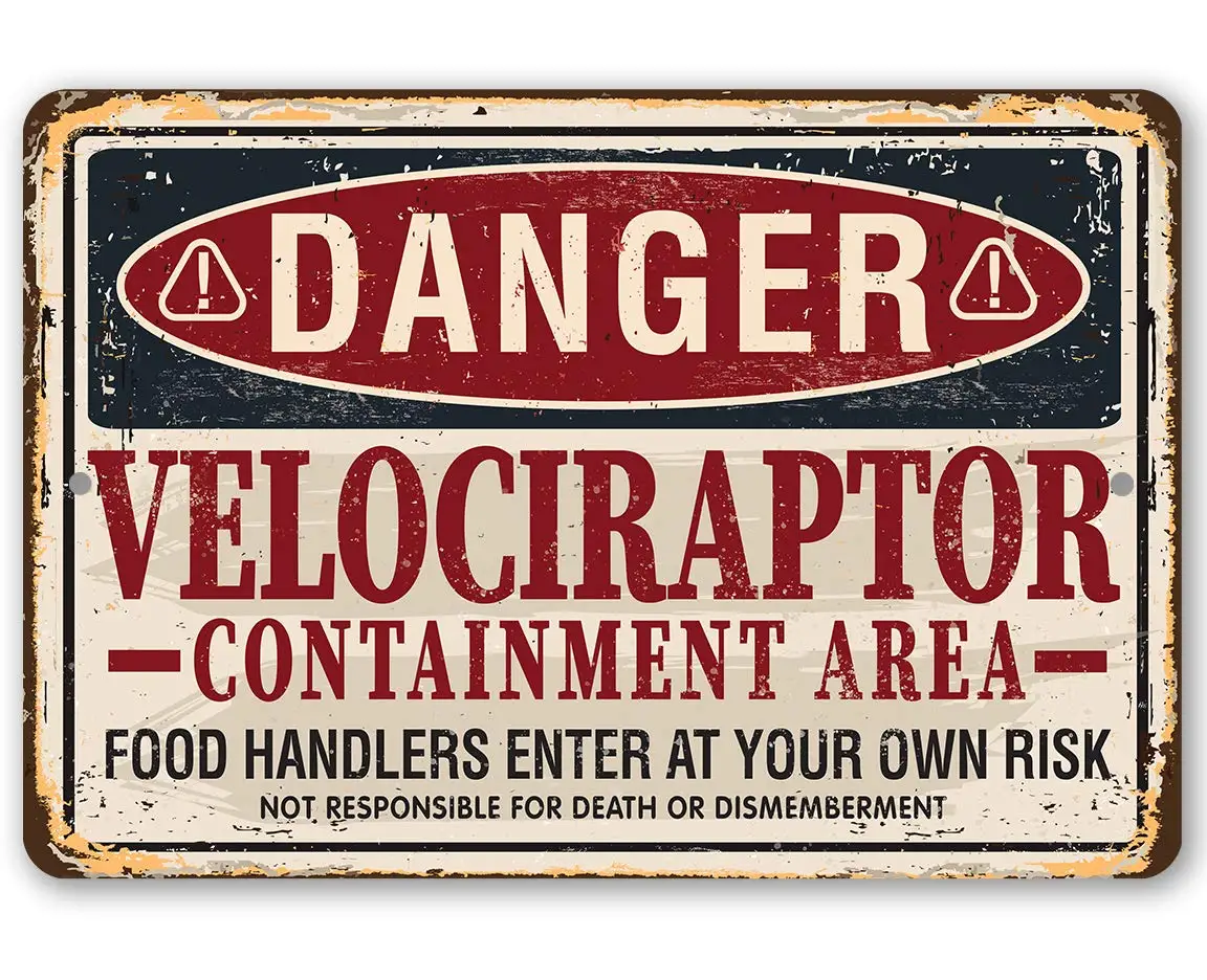 Danger Velociraptor Sign - Classic Man Cave Decor, Funny Dinosaur Party Decoration, Retro Vintage Metal Sign,  Use Indoors or