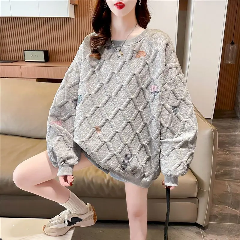 Fashion Rhombus Plaid Pullovers Women Casual Cute Printed Tops Spring Autumn Trend Pullover Loose Design Sense Sweatshirt Y2k