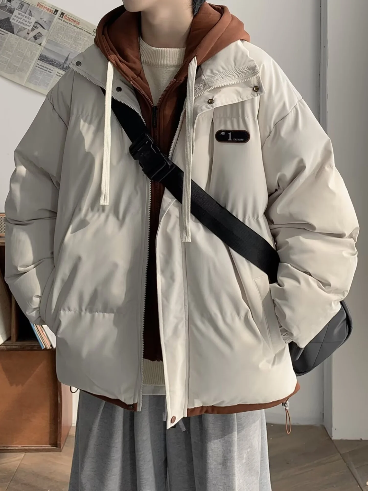 

Men's Winter Thiened Warm Casual Hooded Cotton Jaet Faionable Loose Matching Couples Outerwear Zipper Closure Color