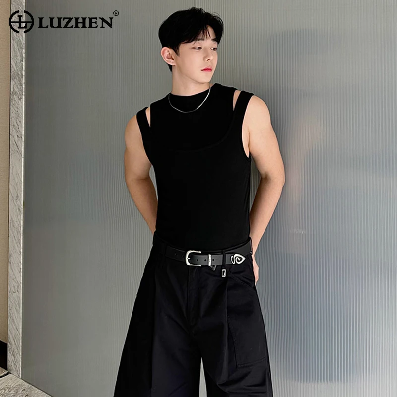 

LUZHEN Hollow Splicing Design Plain Stylish Sleeveless Vests Original New Personalized Trendy Korean Men Street Tank Tops LZ3452