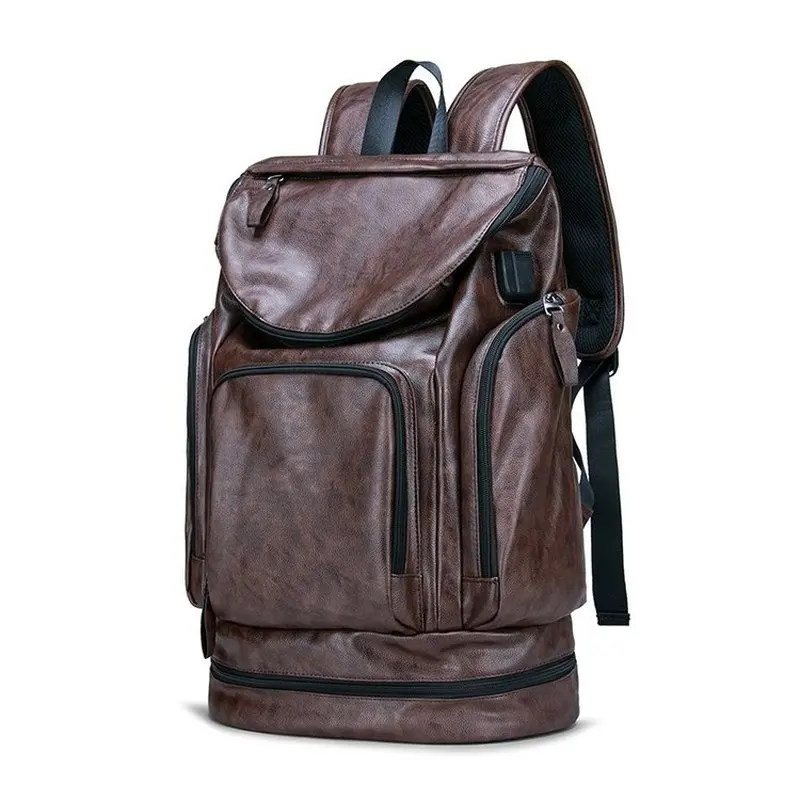 New men's anti-theft Customs password lock laptop backpack with USB ,shoe warehouse，retro pu leather waterproof travel backpack
