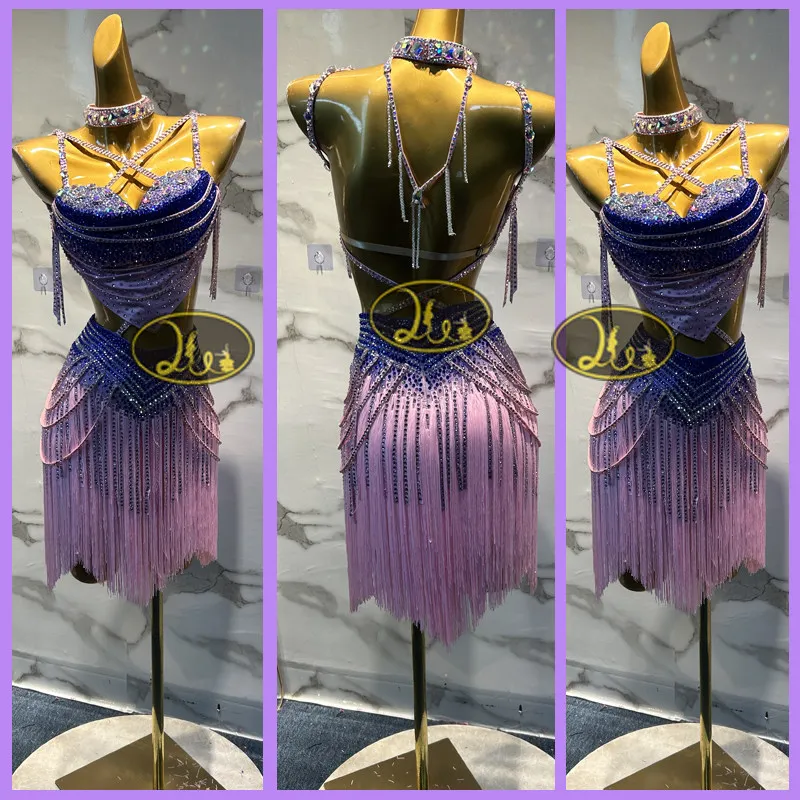 

Latin Dancer Adult Children AB Stone High end Customized Pink Purple Tassel Flower Dress Black Pool Samba Performance Dress