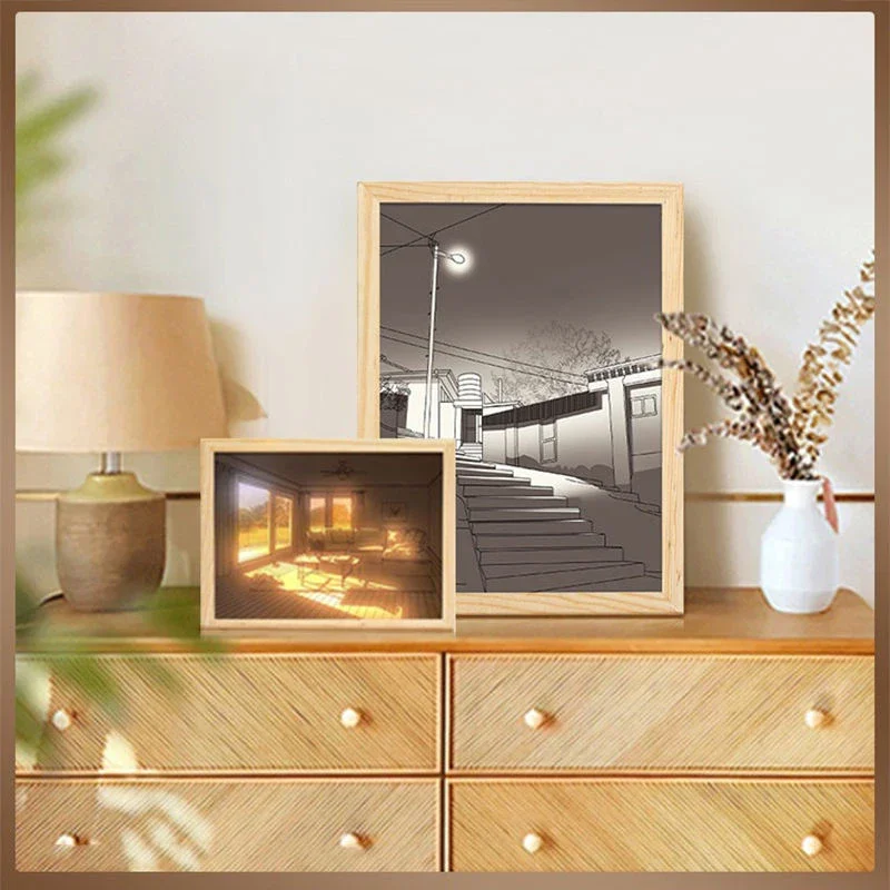 Decorative LED Light Painting USB Plug Dimming Wall Artwork Table Lamp Gift Indoor Sunlight Window Wooden Photo Night Luminous