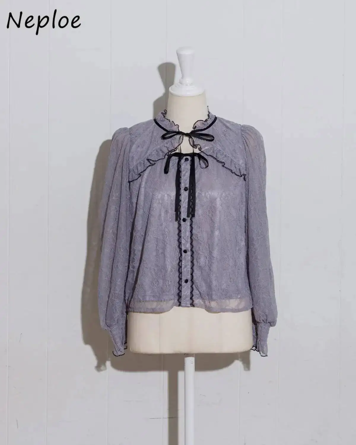 

BabYoung New Fresh Hollow Out Lovely Shirt Sexy Sweet French Exquisite Panelled Top Japan Lace Up Preppy Literary Blusas