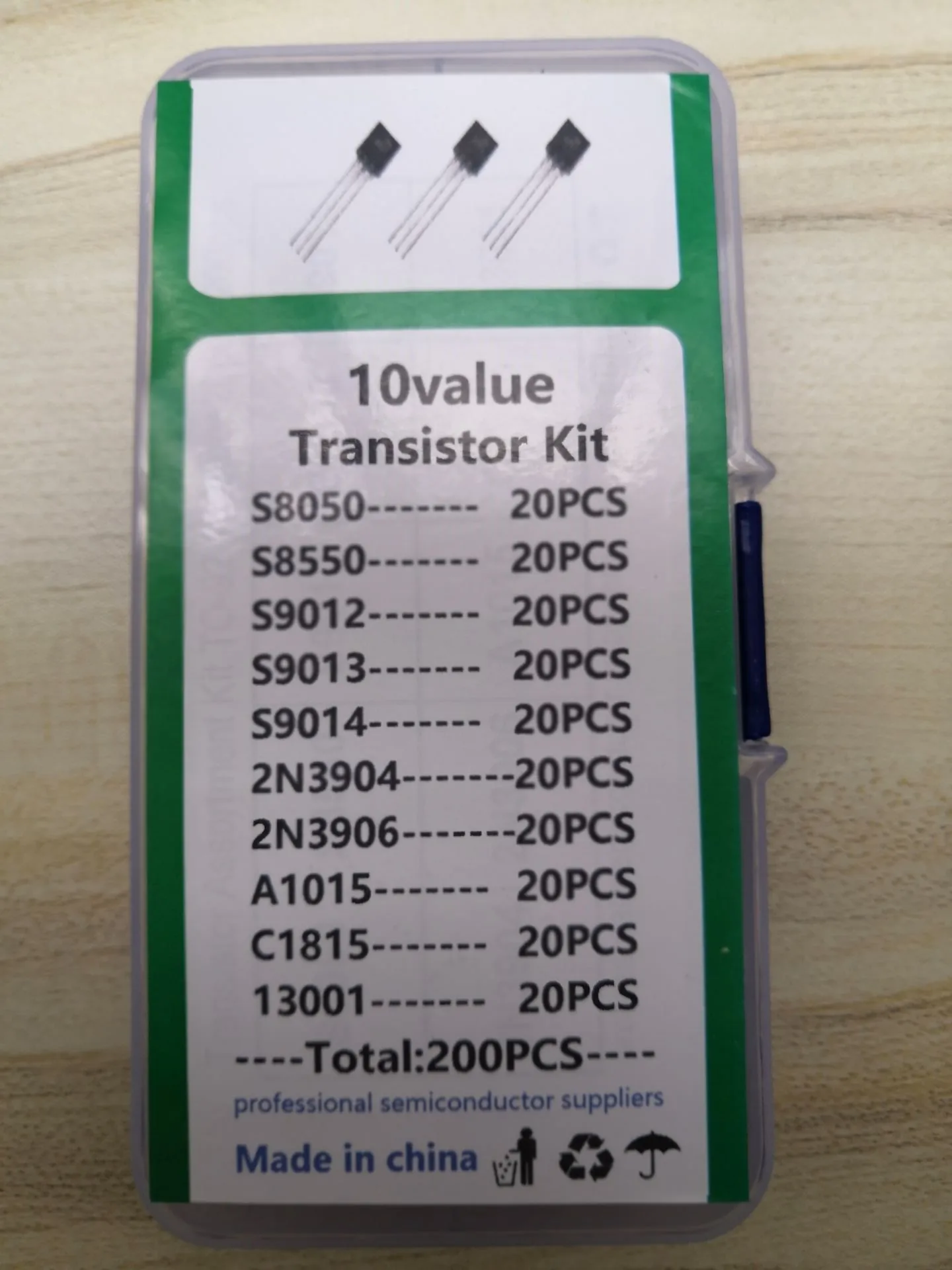 Transistor Kit Box 10values*20pcs=200pcs 2N3904 2N3906 A1015 C1815 13001 S8050 S8550 S9012 S9013 S9014 Assortment Pack to-92