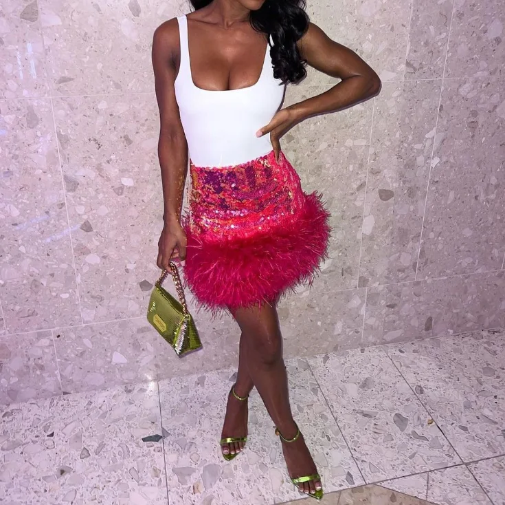 New Fashion Sexy High Waist Solid Color Slim Fit Sequin Feather Above-Knee Mini Bodycon Skirt,2 Colors