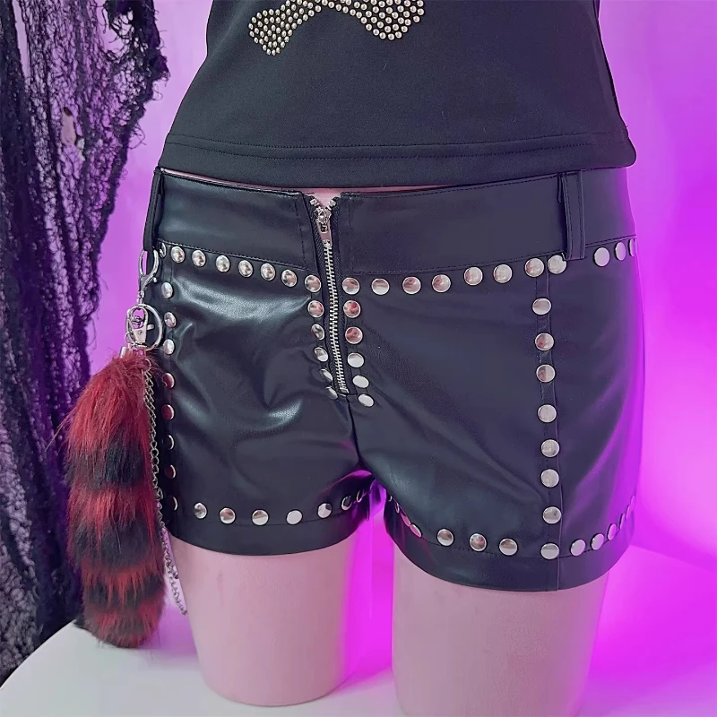 Shorts en cuir PU polyvalents pour femmes, style original européen et américain, Y2K, fille branchée, punk, sous-culture rétro, rivets
