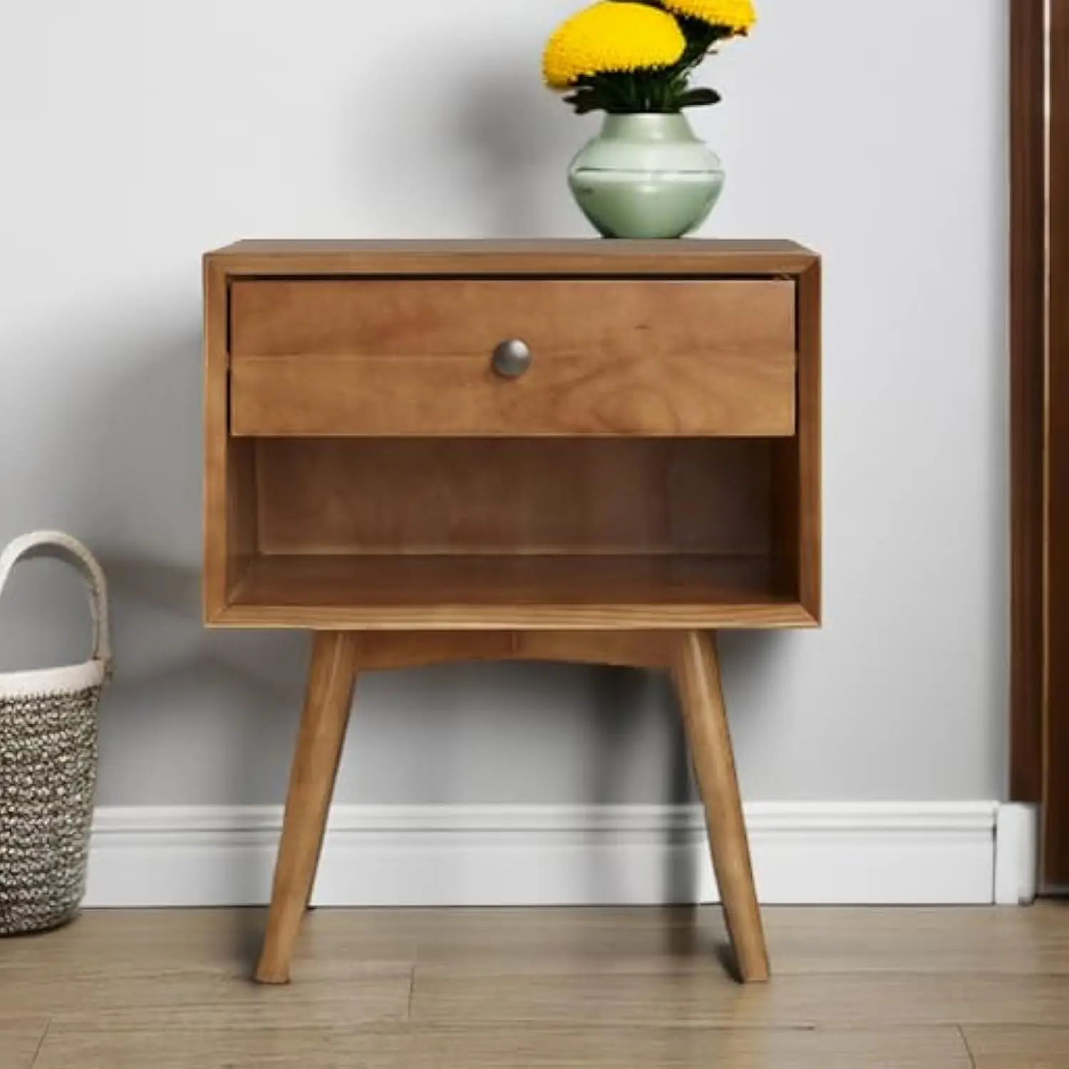 Mid Century Modern Wood Nightstand Side Table Bedroom Storage Drawer and Shelf Bedside End