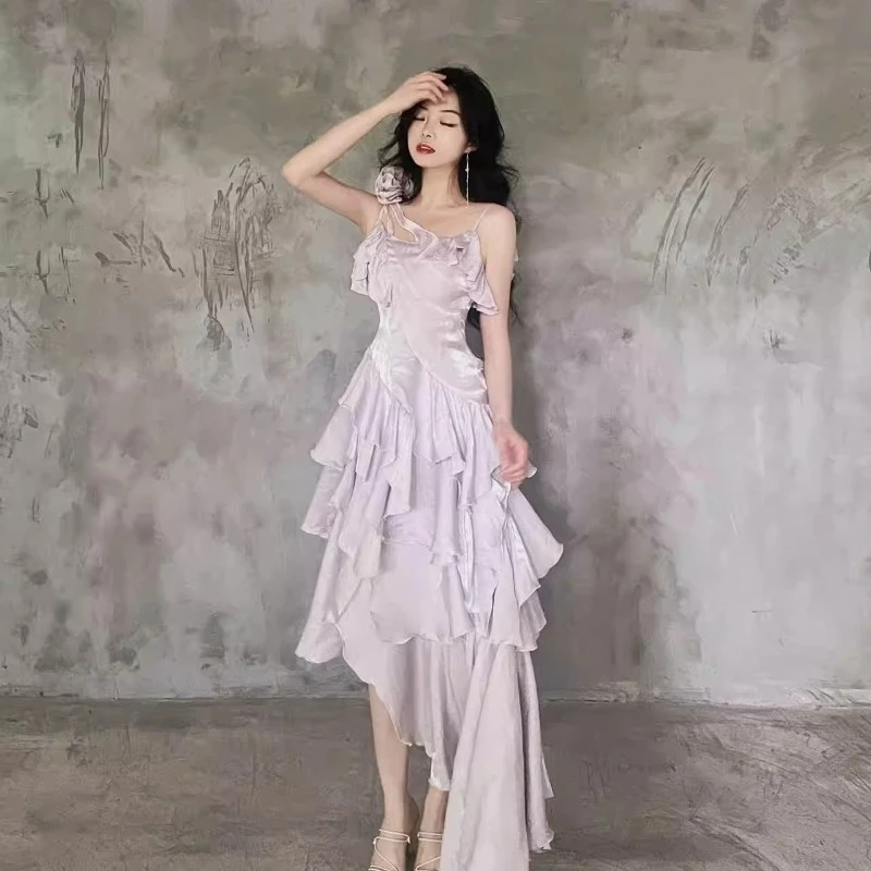 Red Elegant Evening Dress Women's Sweet 3D Rose Slim-Fit Irregular Fishtail Dress Ladies Gothic Retro Lo Suspender Dress Jsk