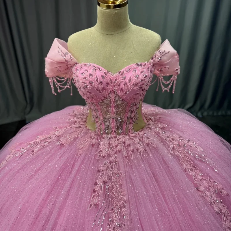 

Shiny Pink Quinceanera Dress off-shoulder glitter decal Lace layering Long tail vestidos de 15 Quinceanera ﻿Customize