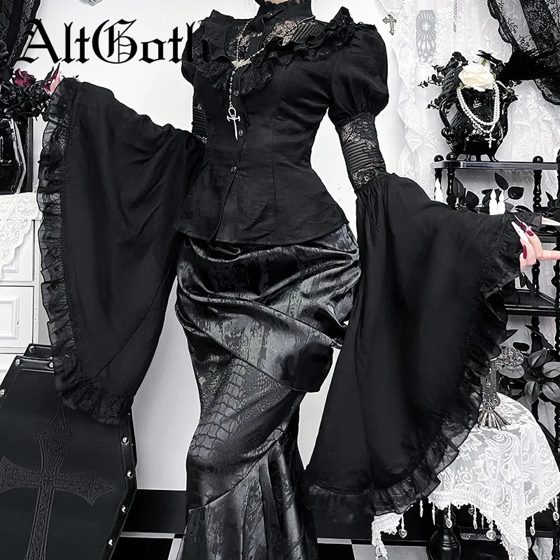 

Винтажная блузка в стиле AltGoth Palace Lolita для женщин, готическая рубашка с кружевными вставками и расклешенными рукавами, эстетичная одежда для косплея и вечеринок