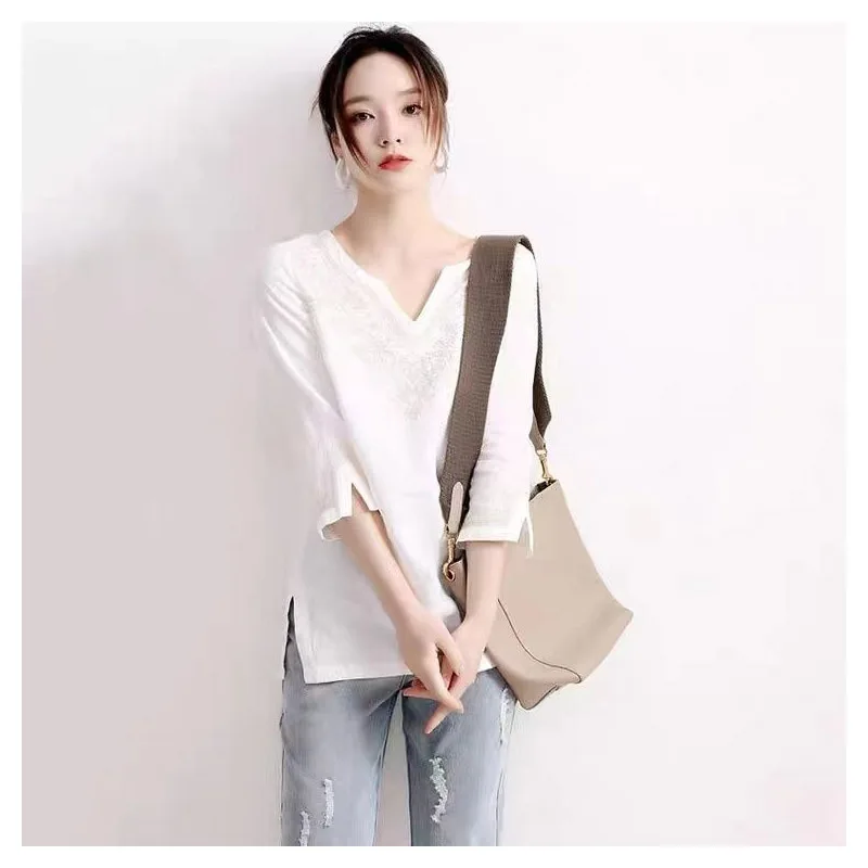 Women's Clothing White Linen Shirt Summer V-Neck Embroidered 3/4 Sleeve Loose Fit Unique Design Mature Chic Blouse