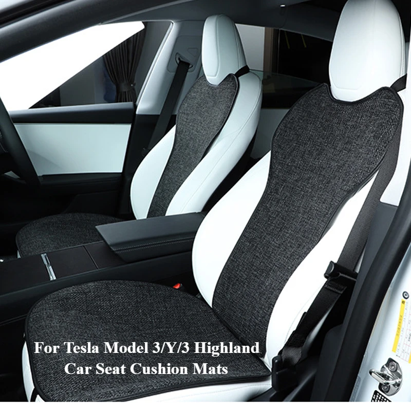 For Tesla Model 3/Y/3 Highland 2024 Non-slip Breathable Linen Four Seasons Car Seat Cushion Protect Mat Seat Pad Auto Accessorie