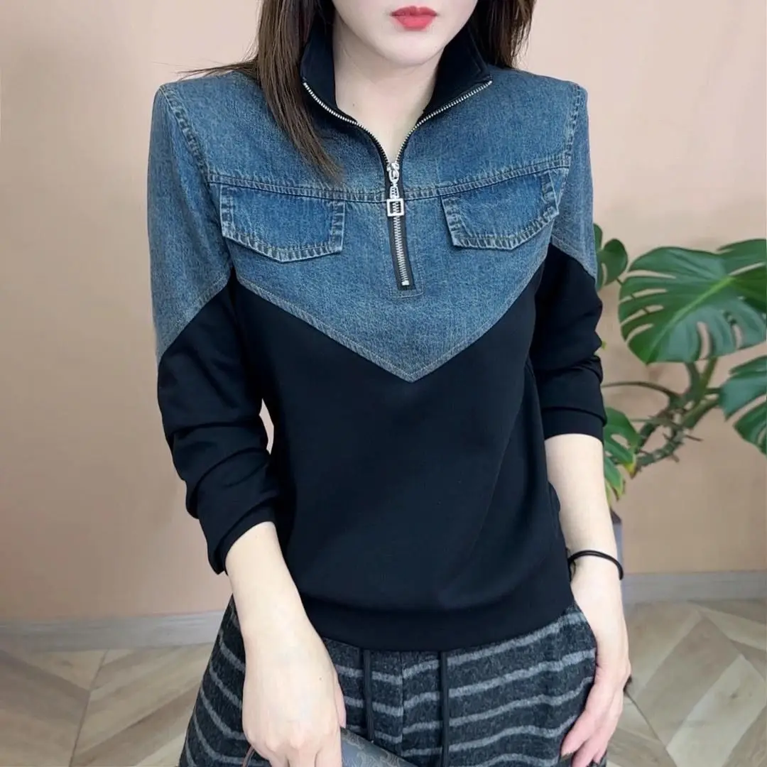 

Spring and Summer New Product Fashion Spliced T-shirt Temperament Versatile Design Sense Denim Girl Long Sleeves XQ36