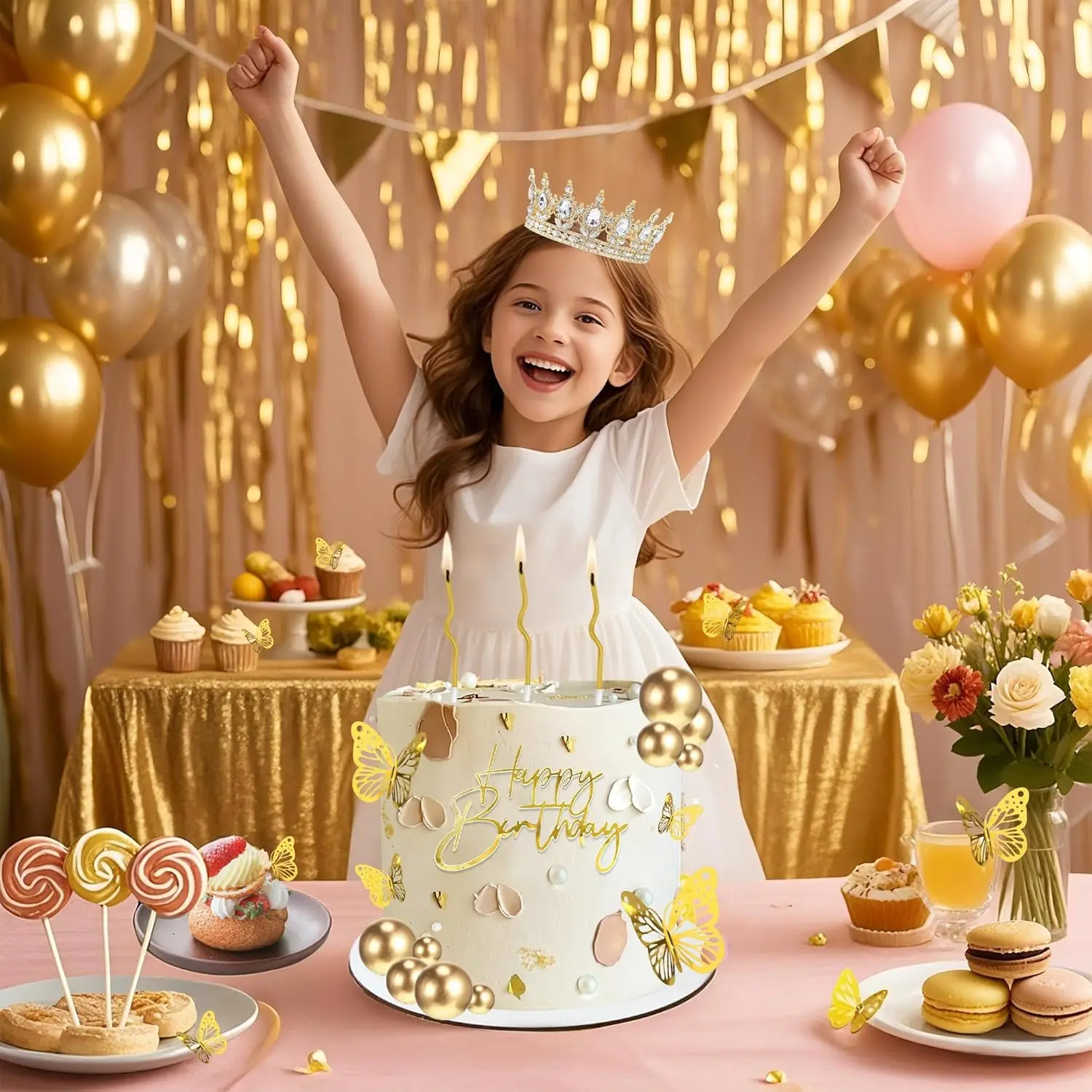 Kronen-Kuchenaufsatz, Kugeln, alles Gute zum Geburtstag, Kuchenaufsätze mit Kerzen, goldene Schmetterlinge, Kuchendekorationen für Hochzeit, Babyparty, Party – Detail 10