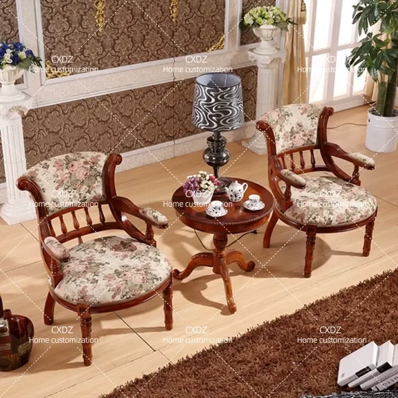All Solid Wood Dining Chair with Armrests European Style Backrest Balcony Table and Chair Set Hotel Leisure Club Furniture