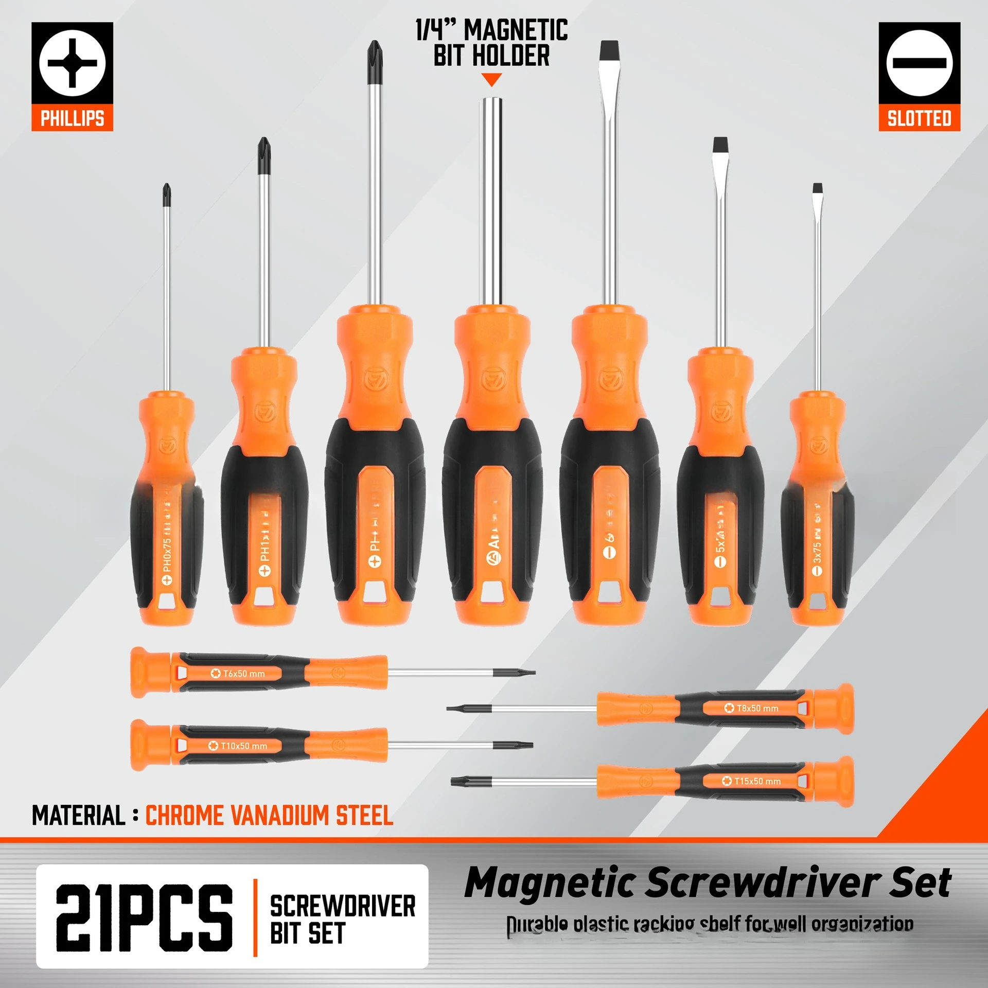 طقم مكون من 21 قطعة، طقم مفك براغي متقاطع من كلمة واحدة، مع دفعة ودعامة بلاستيكية،