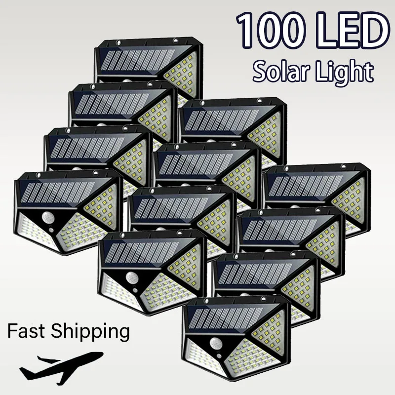 Le più nuove luci solari per esterni 100LED 3 modalità Lampada da parete solare con sensore di movimento Assorbe la luce solare Lampione stradale