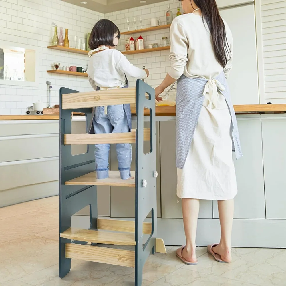 WOOD CITY Kitchen Step Stool - Safe Montessori Standing Tower for Kids with Safety Rail, Height Adjustable Toddler Ideal Helper
