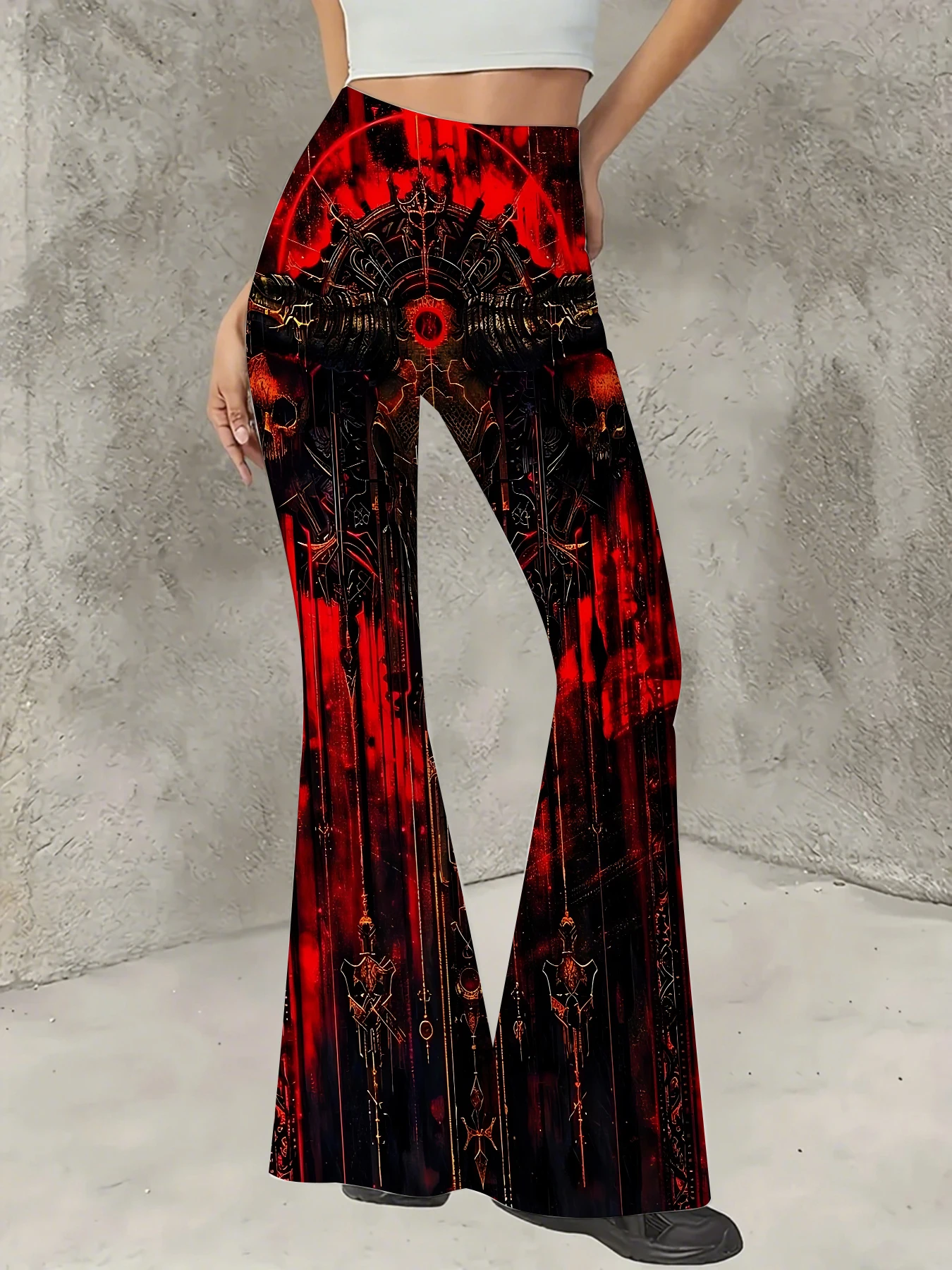 

Korean Style Printed Flare Pants Women High Waist Slim Fit Bell Bottom Leggings