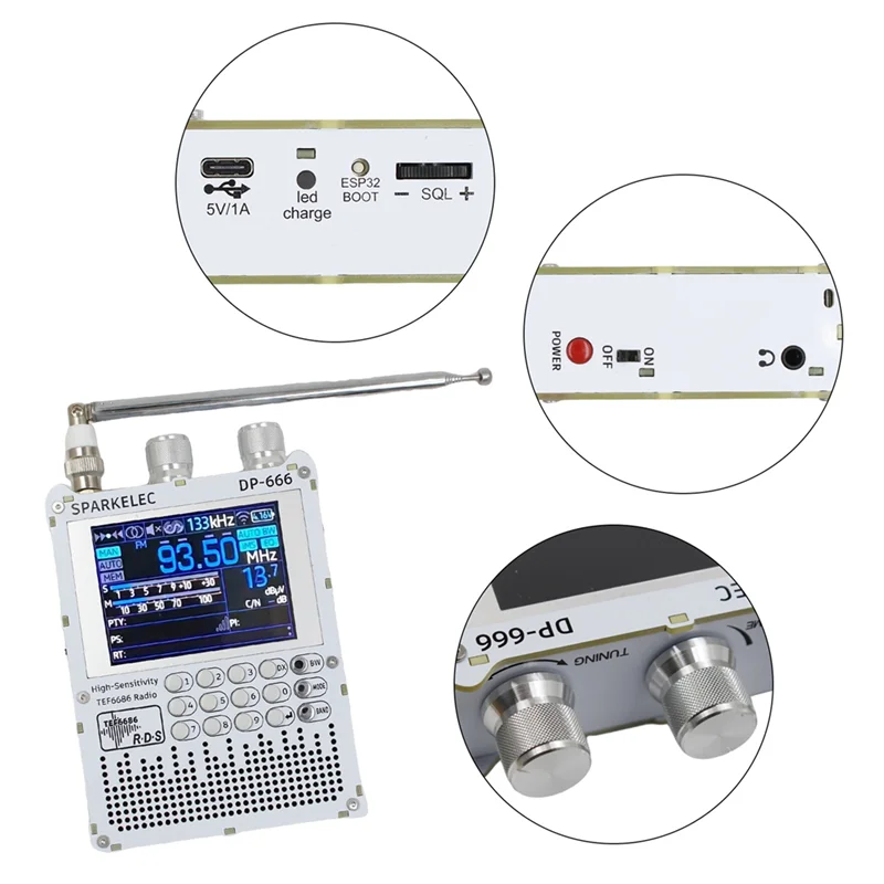 

-A02R DP-666 TEF6686 Радио 2,8-дюймовый IPS сенсорный экран Высокочувствительный приемник Полнодиапазонное FM LW MW SW Радио