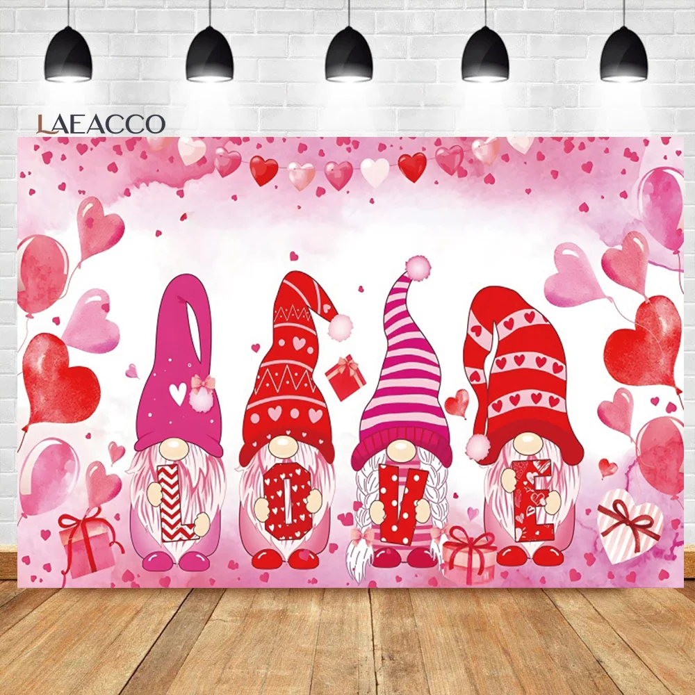 Laeacco Cute Goblin Sweet Love Hearts Pink Ballons Photo Background Valentine's Day Bride Shower Portrait Photography Backdrop