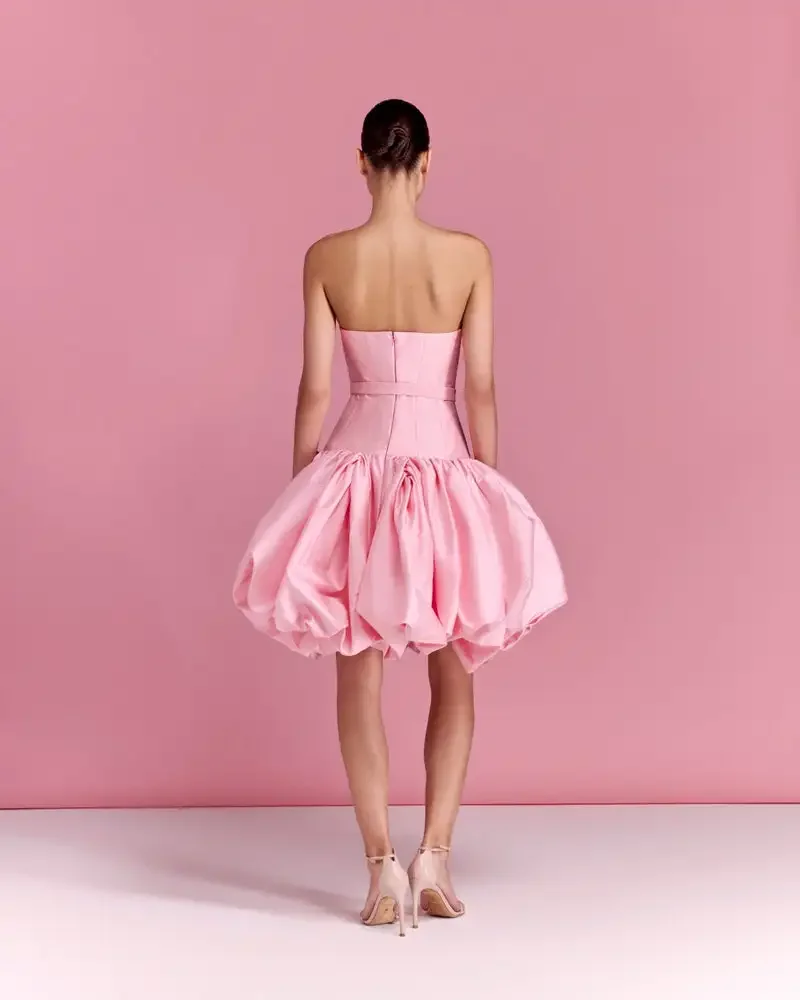 Chic Pink Bubble Women Mini Dress Strapless A-line Short Satin Prom Gowns Female Brithday New Year Party Dress