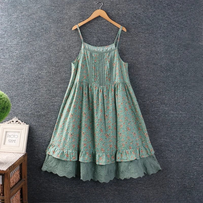 Sweet Fre Lace Splice Floral Coton Lin Midi Dr Été Nouveau Sle Vêtements pour femmes T-shirt superposé Dr Commute Sle...