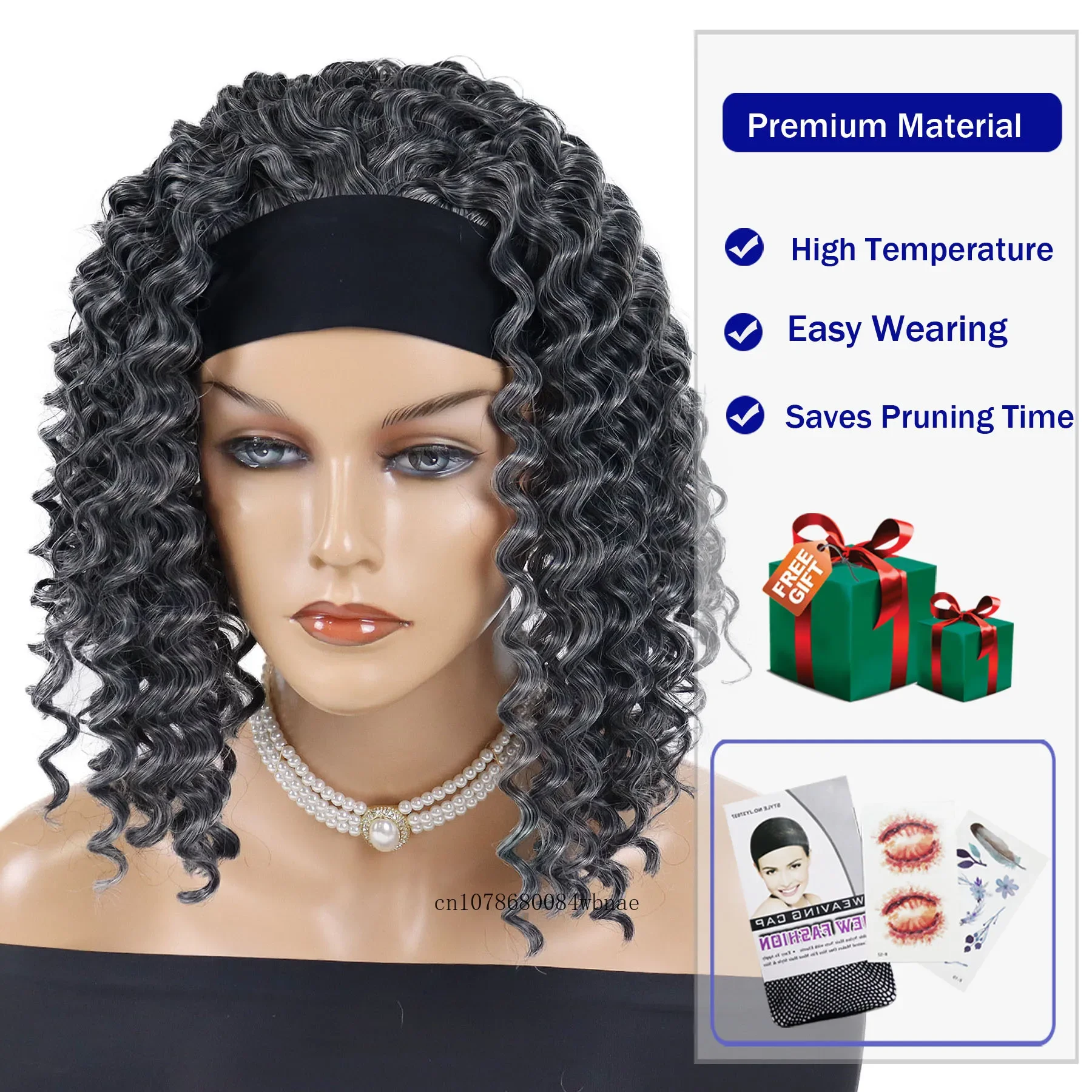 Perucas longas sintéticas macias encaracoladas para mulheres negras, resistente ao calor, peruca cosplay festa diária, headband cinza, cabelo mais velho, 12"