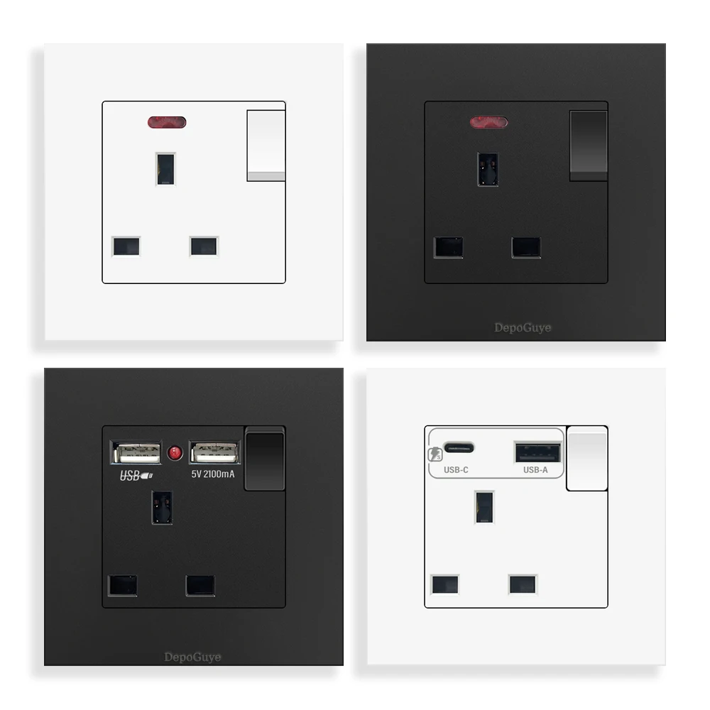 

UK Standard 18W Type-c USB Power Socket 13A Dual USB AC Charger 3.1A Single Double Wall Outlet Malta Singapore Plastic Panel