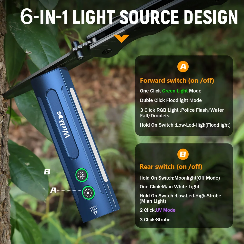 Wurkkos HD01 PRO Rechargeable Flat-Design Everyday Carry Flashlight Featuring UV/Green White and Side RGB Lights 1200 Lumens