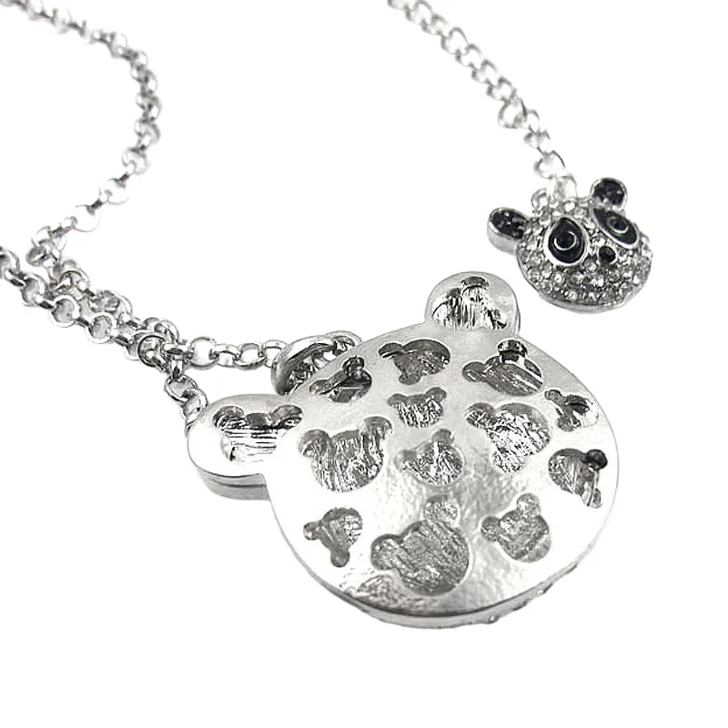 Blingbling Rhinestone Cute Double Panda Animal Silver-plated Metal Pendant Short Chain Necklace for Womens Gift Fashion Jewelry