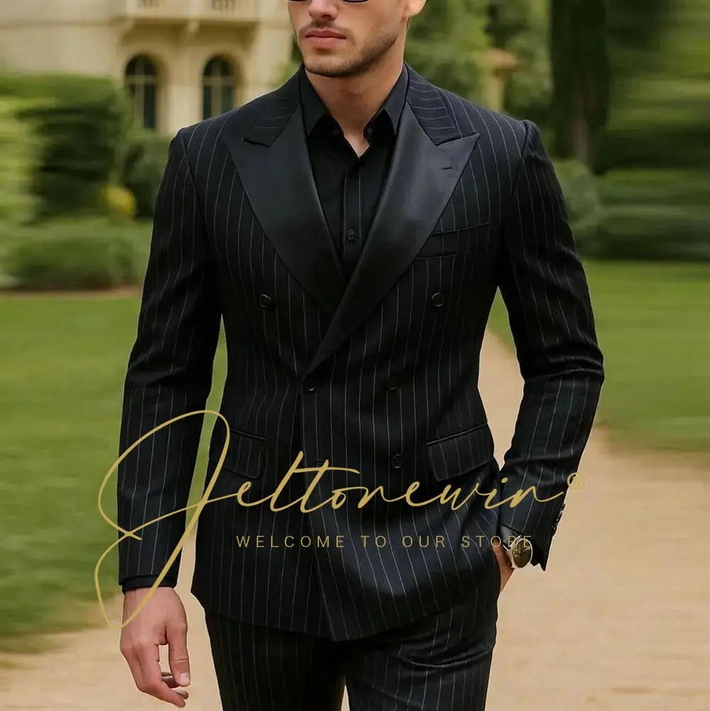 

Черные полосатые формальные свадебные мужские костюмы, комплект из 2-х предметов, куртка и брюки, двубортный мужской костюм с остроконечными лацканами, костюм Homme