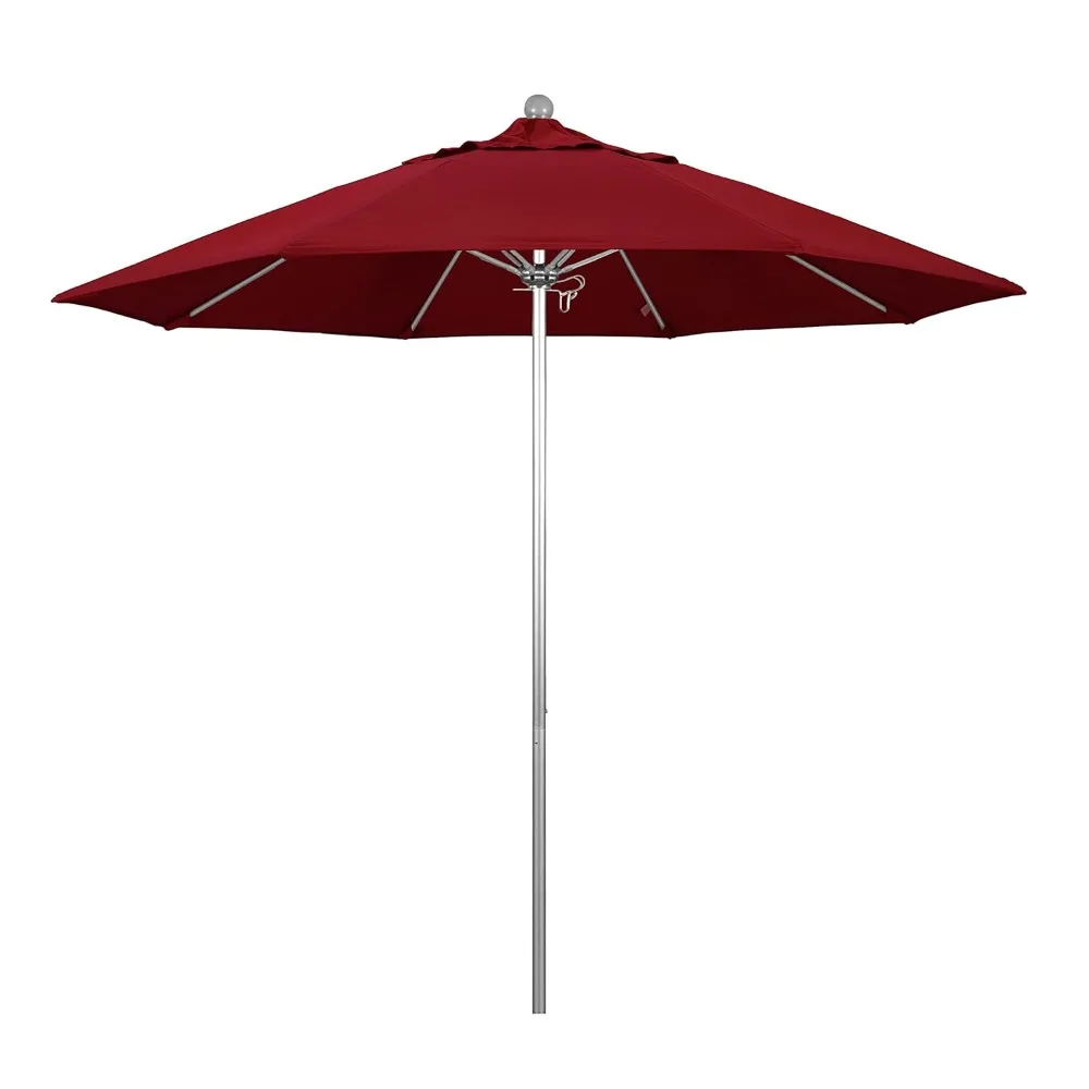 

9' Round Aluminum/Fiberglass Umbrella, Push Open, Silver Pole, Olefin Red Fabric, Customized