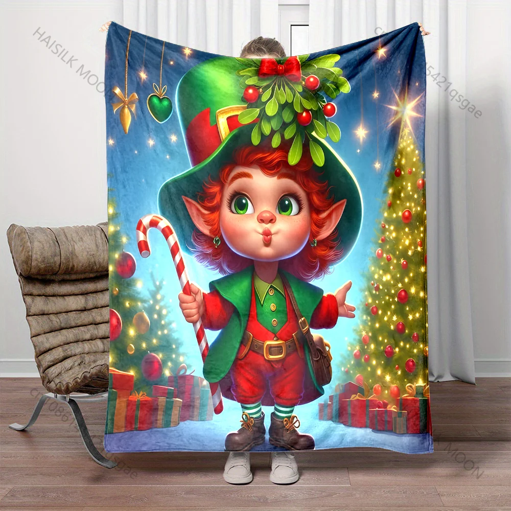 Festive Christmas with Elf Scene Pattern Blanket Flannel Material Soft Warm for All Seasons, Home Outdoor Camping Picnics RV