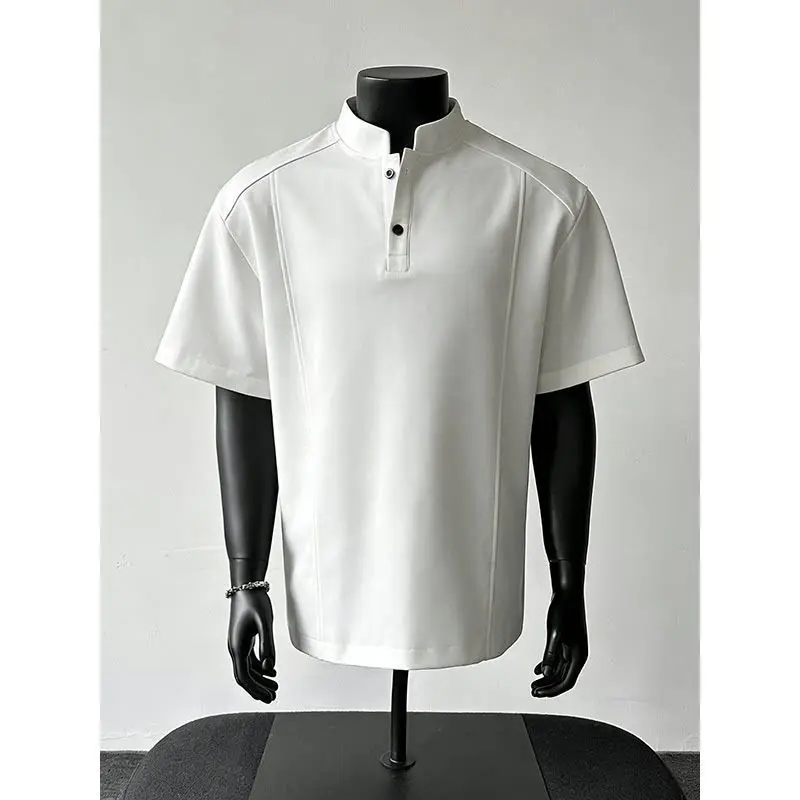 2026 Summer Men's Gray Henley Neck Short Sleeve T-Shirt, Vintage Patchwork Regular Shoulder Polo, Premium Casual Half Sleeve Top